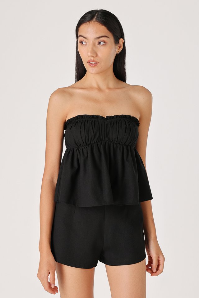 REYNA PADDED LINEN SWEETHEART BABYDOLL TUBE TOP (BLACK)