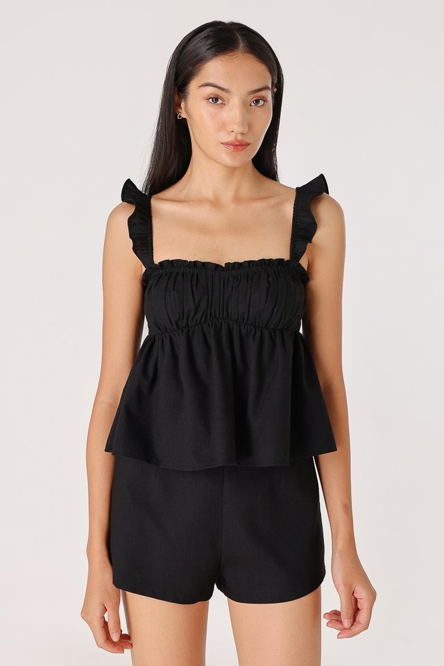 REYNA PADDED LINEN SWEETHEART BABYDOLL TUBE TOP (BLACK)