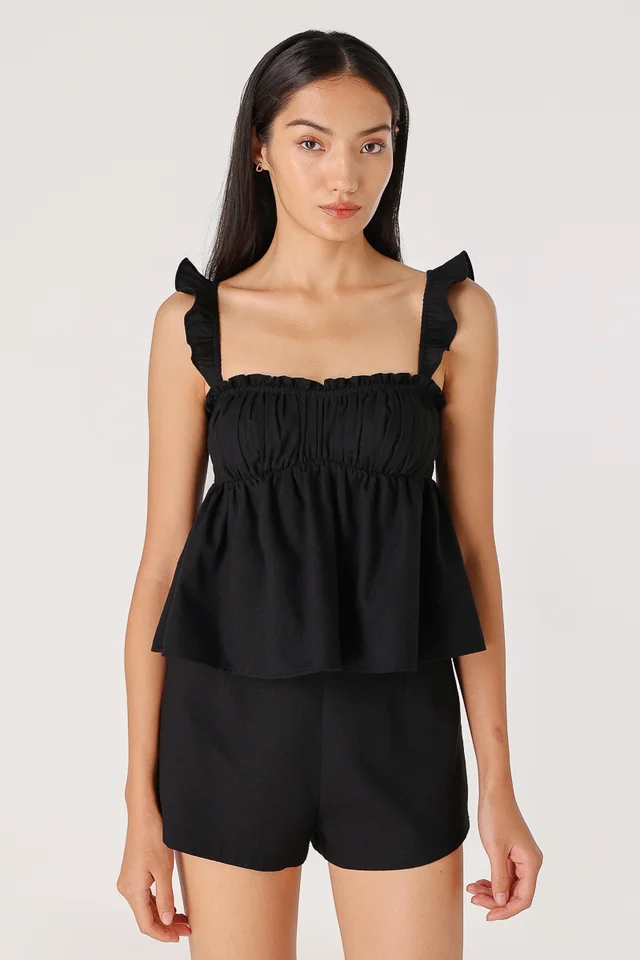 REYNA PADDED LINEN SWEETHEART BABYDOLL TUBE TOP (BLACK)