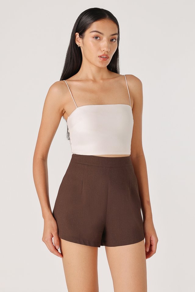 MIRELLE LINEN SLANT HEM SHORTS (ESPRESSO)