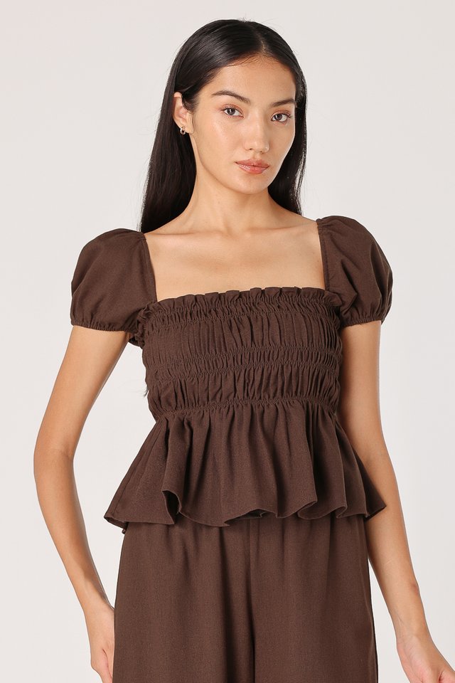 HAILEY PADDED LINEN SMOCKED TUBE TOP (ESPRESSO)