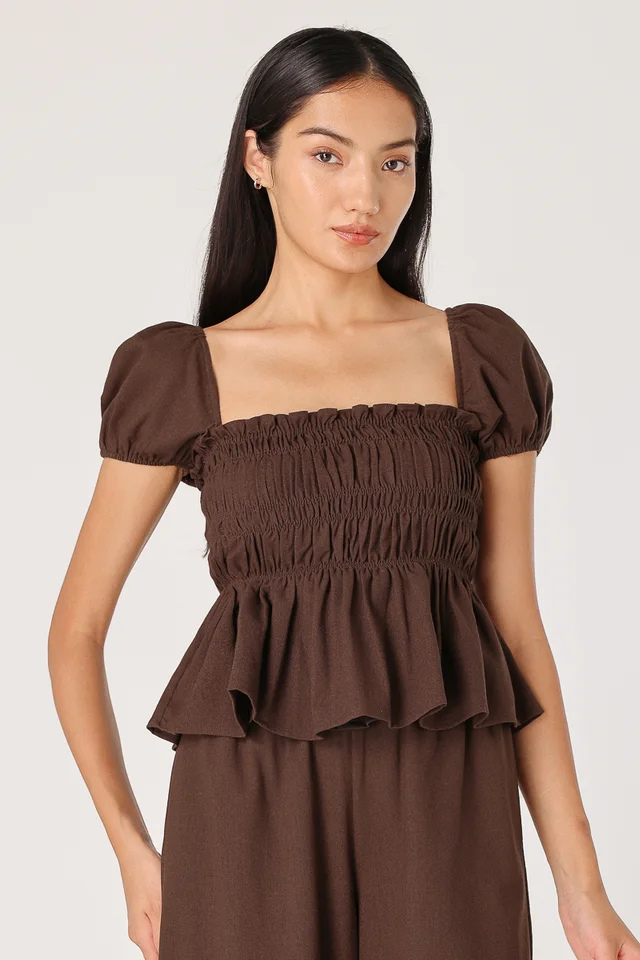 HAILEY PADDED LINEN SMOCKED TUBE TOP (ESPRESSO)