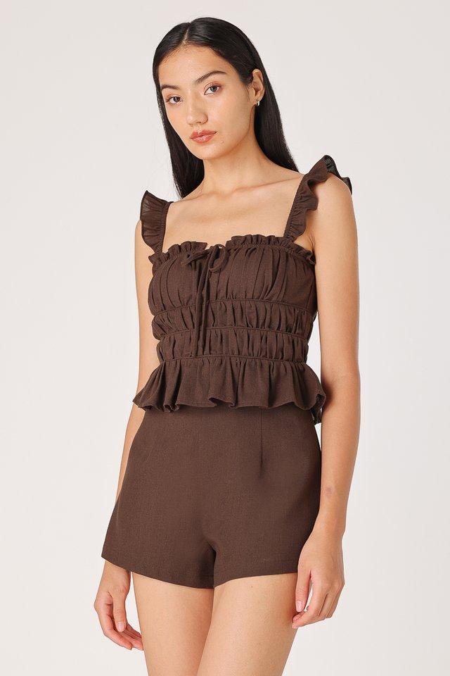 ELICIA PADDED LINEN RIBBON RUCHED TUBE TOP (ESPRESSO)