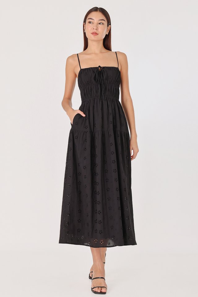 ANGEL EYELET RUCHED RIBBON-TIE MIDAXI DRESS (BLACK) 