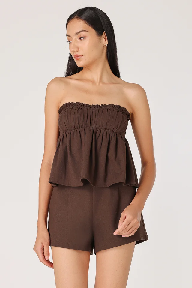 REYNA PADDED LINEN SWEETHEART BABYDOLL TUBE TOP (ESPRESSO)