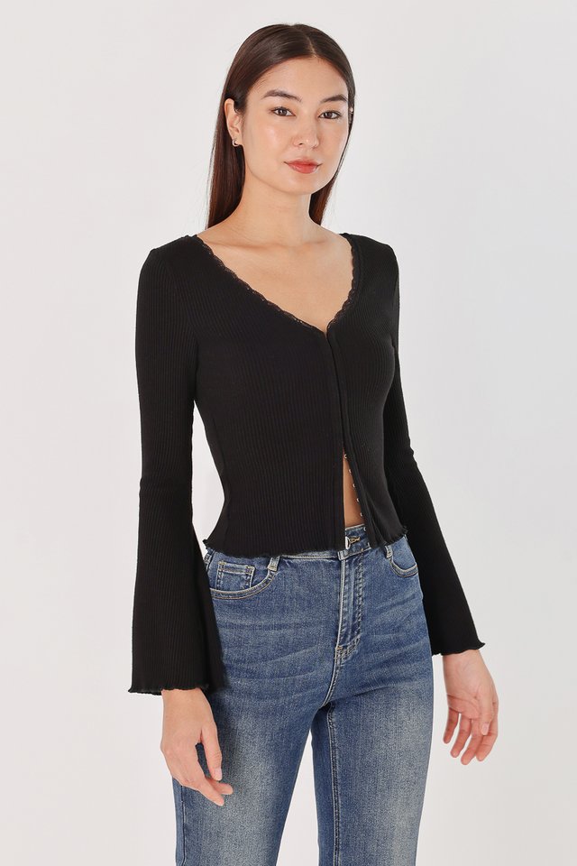 GLORIA LACE TRIM RIBBED CLASP CARDIGAN TOP (BLACK) 