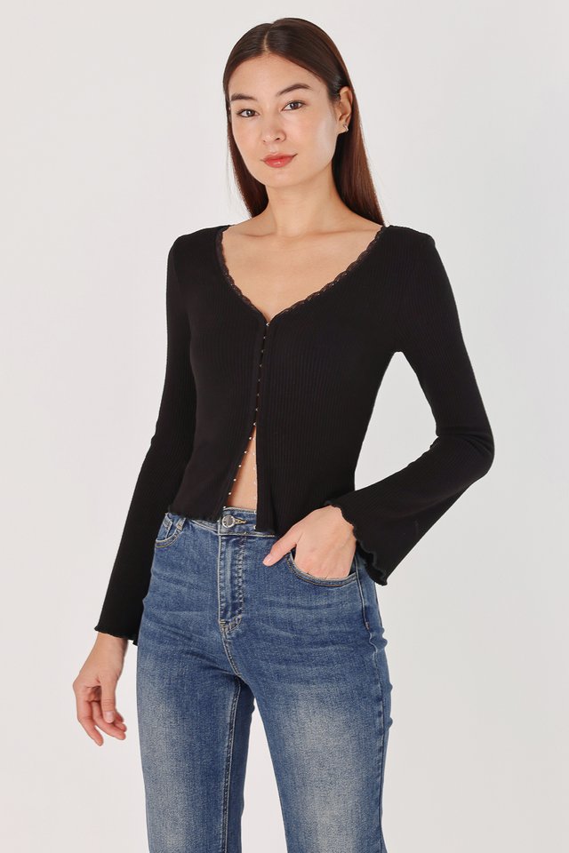 GLORIA LACE TRIM RIBBED CLASP CARDIGAN TOP (BLACK) 