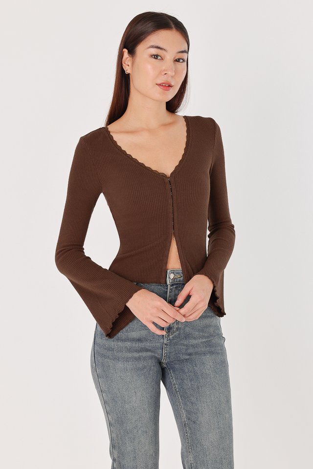 GLORIA LACE TRIM RIBBED CLASP CARDIGAN TOP (BROWN) 