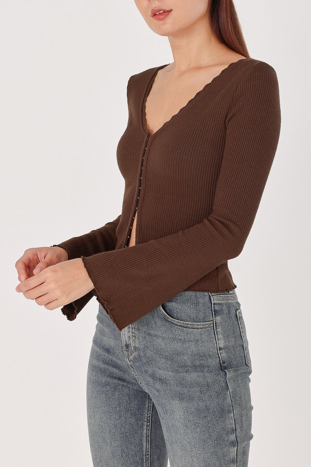 GLORIA LACE TRIM RIBBED CLASP CARDIGAN TOP (BROWN) 