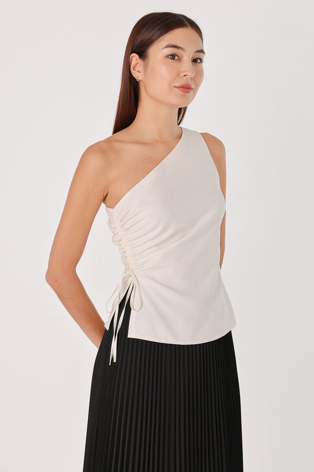 AVALYN ASYMMETRICAL RUCHED TOGA TOP (WHITE)