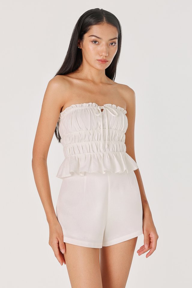 ELICIA PADDED LINEN RIBBON RUCHED TUBE TOP (WHITE)