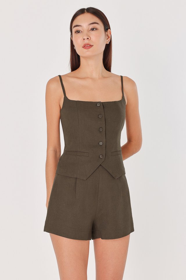 JOSETTE LINEN SQUARE BUTTON VEST TOP (OLIVE BROWN)