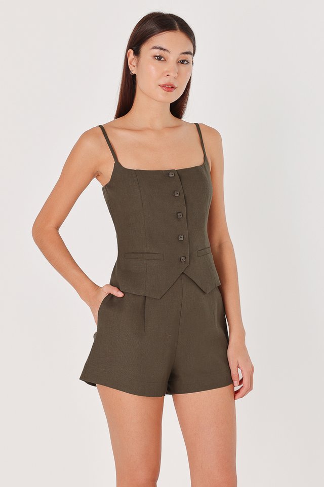 JOSETTE LINEN SQUARE BUTTON VEST TOP (OLIVE BROWN)