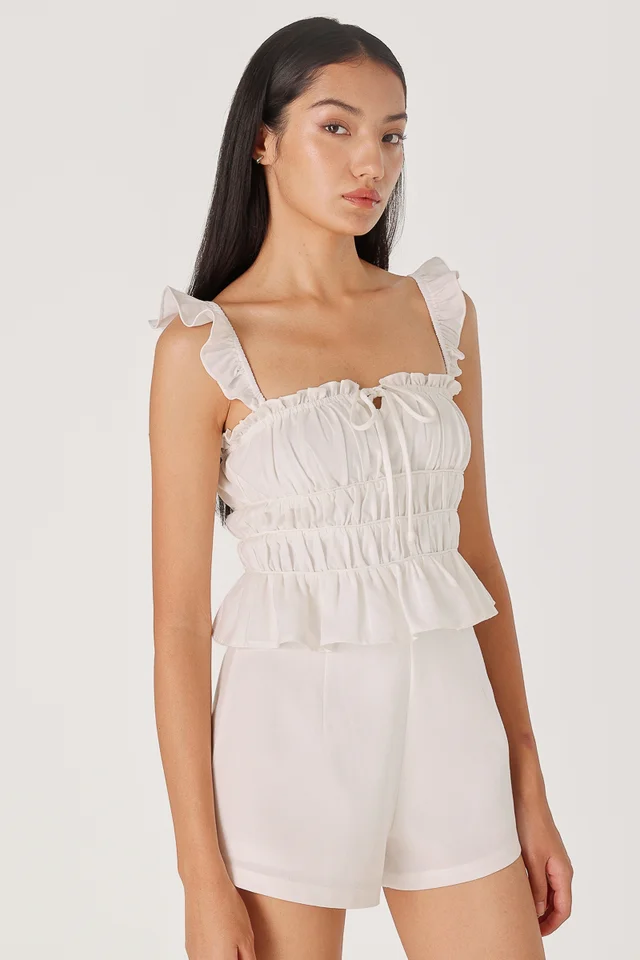 ELICIA PADDED LINEN RIBBON RUCHED TUBE TOP (WHITE)