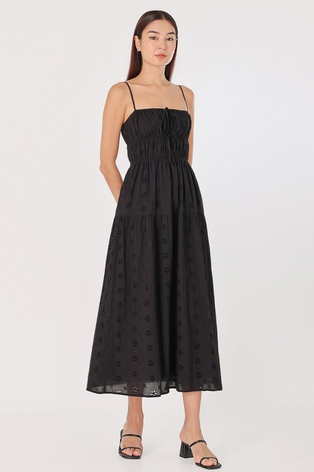 ANGEL EYELET RUCHED RIBBON-TIE MIDAXI DRESS (BLACK) 