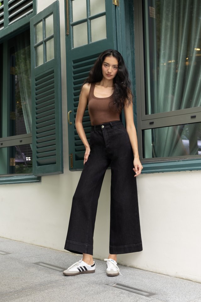 HEAVY-DUTY THICK HEM WIDE LEG DENIM JEANS - PETITE (BLACK)