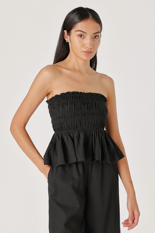 HAILEY PADDED LINEN SMOCKED TUBE TOP (BLACK)