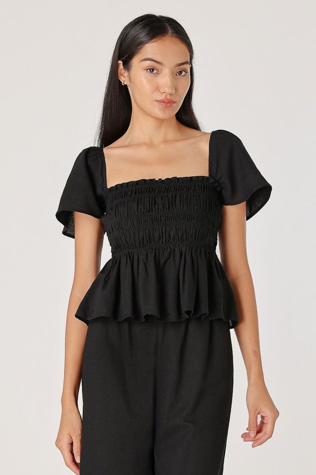 HAILEY PADDED LINEN SMOCKED TUBE TOP (BLACK)