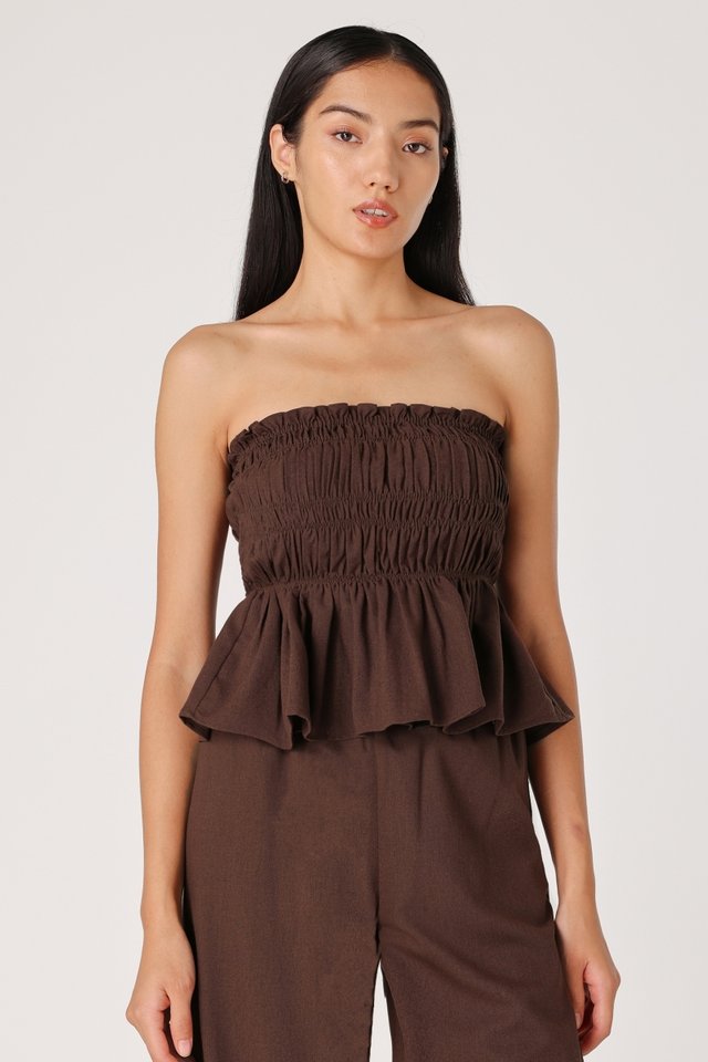 HAILEY PADDED LINEN SMOCKED TUBE TOP (ESPRESSO)