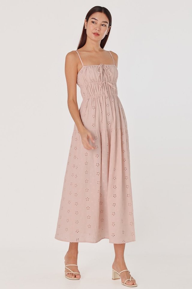 ANGEL EYELET RUCHED RIBBON-TIE MIDAXI DRESS (PINK) 