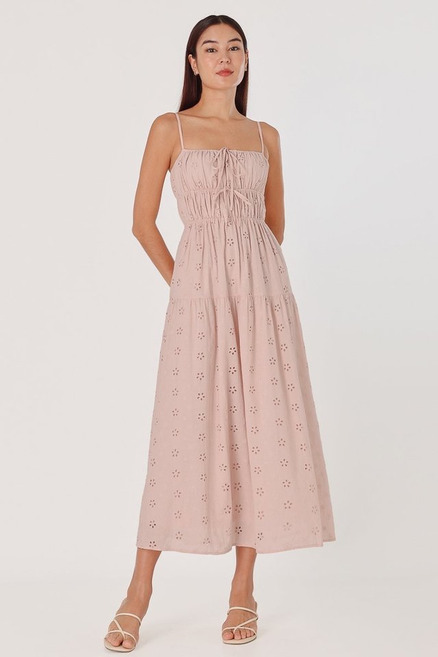 ANGEL EYELET RUCHED RIBBON-TIE MIDAXI DRESS (PINK) 