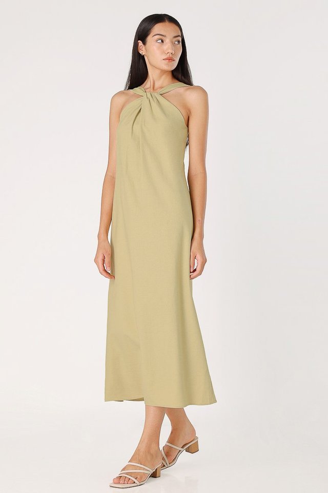 ADELINE LINEN TWIST FRONT HALTER DRESS (PISTACHIO)