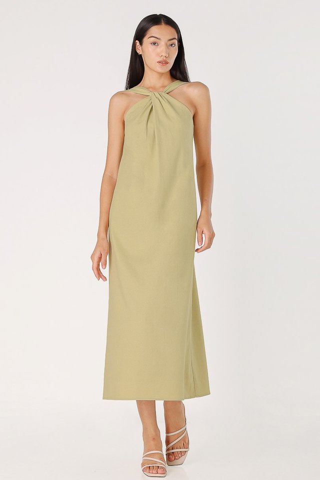 ADELINE LINEN TWIST FRONT HALTER DRESS (PISTACHIO)