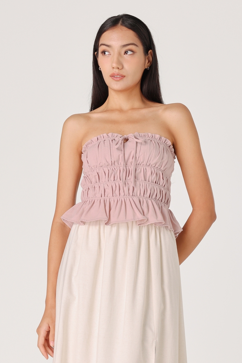 ELICIA PADDED LINEN RIBBON RUCHED TUBE TOP (PINK) | Lovet