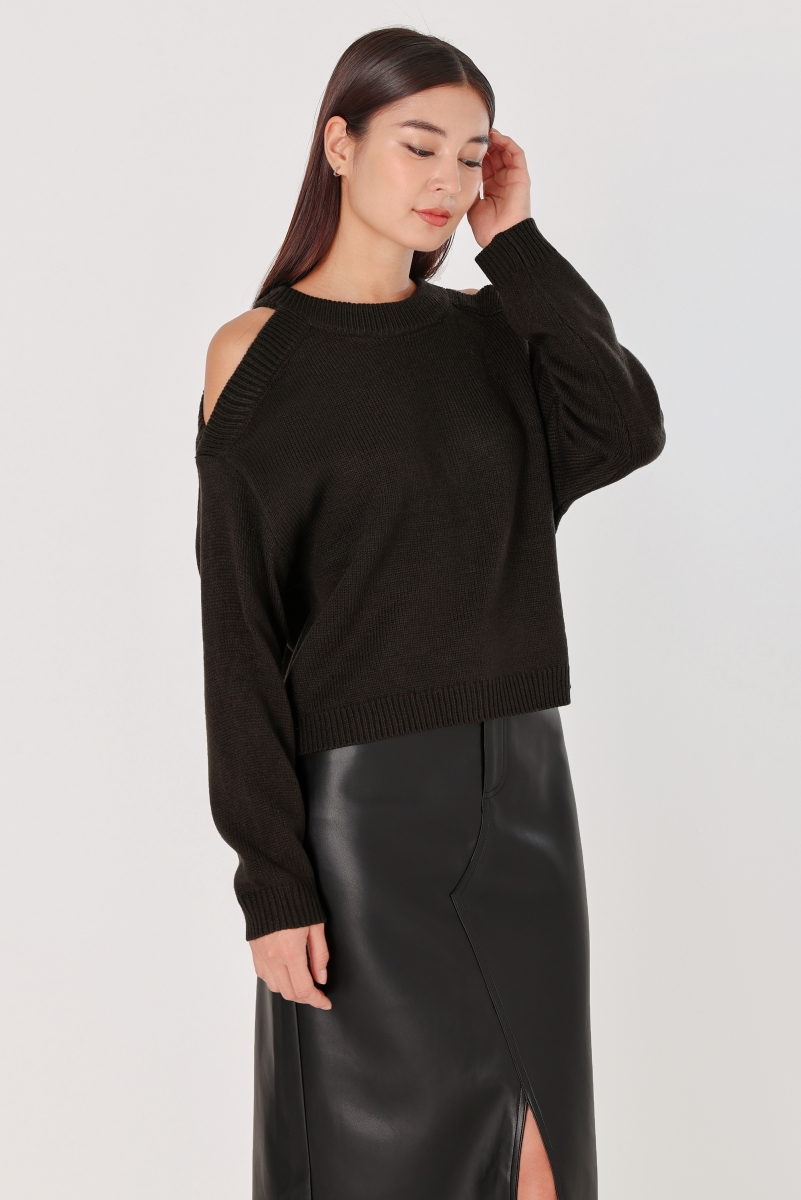 DONNA COLD SHOULDER PULLOVER KNIT TOP (CHARCOAL BROWN) | Lovet