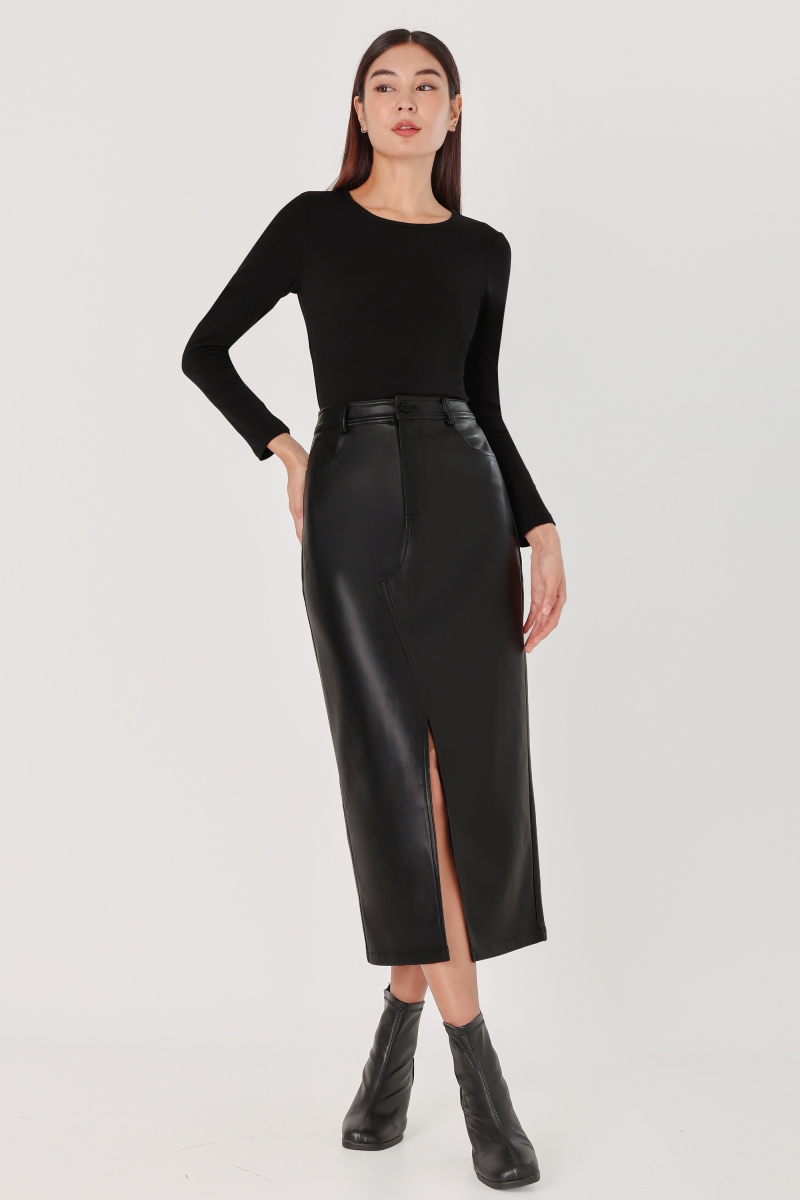 JHON Faux Leather Slit Skirt