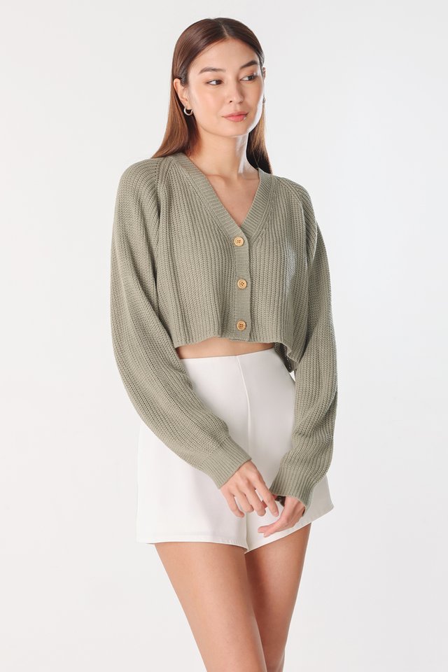 LAURYN WOODEN BUTTON CROP KNIT CARDIGAN (LAUREL GREEN)