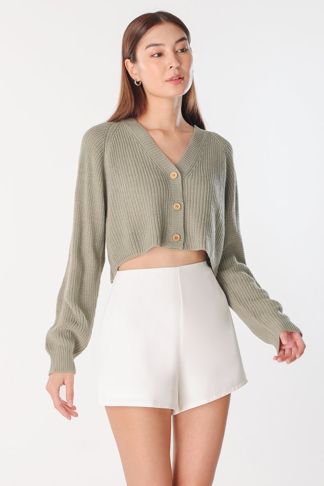 LAURYN WOODEN BUTTON CROP KNIT CARDIGAN (LAUREL GREEN)