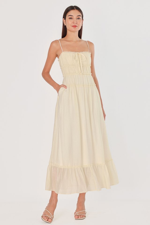 EMILY PADDED TEXTURED RUCHED DROP WAIST MAXI DRESS (CRÈME)