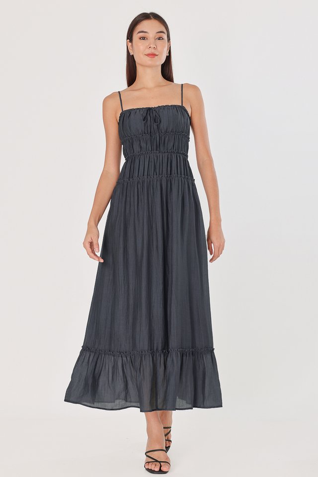 EMILY PADDED TEXTURED RUCHED DROP WAIST MAXI DRESS (GUNMETAL BLUE)