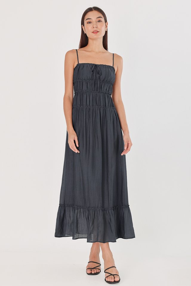 EMILY PADDED TEXTURED RUCHED DROP WAIST MAXI DRESS (GUNMETAL BLUE)