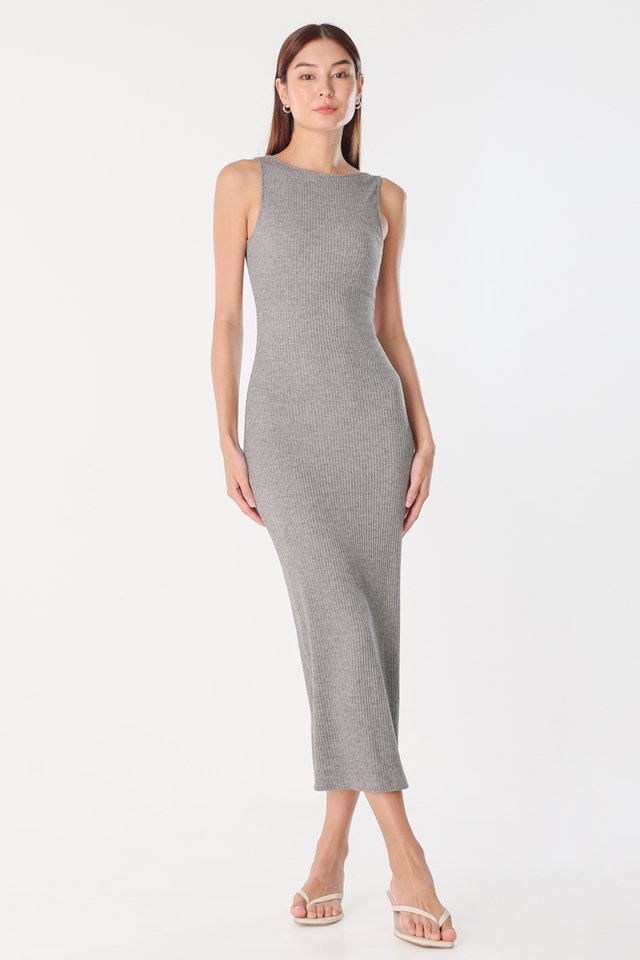 KESHA SCOOP BACK PADDED SLEEVELESS RIBBED MIDAXI DRESS (HEATHER GREY)