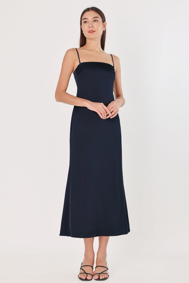 MABEL PADDED SATIN BACK SLIT TWO-WAY COLUMN MAXI DRESS (NAVY)