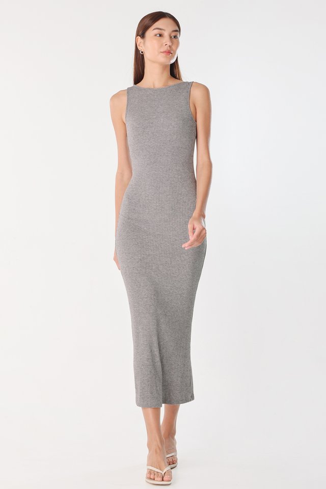 KESHA SCOOP BACK PADDED SLEEVELESS RIBBED MIDAXI DRESS (HEATHER GREY)