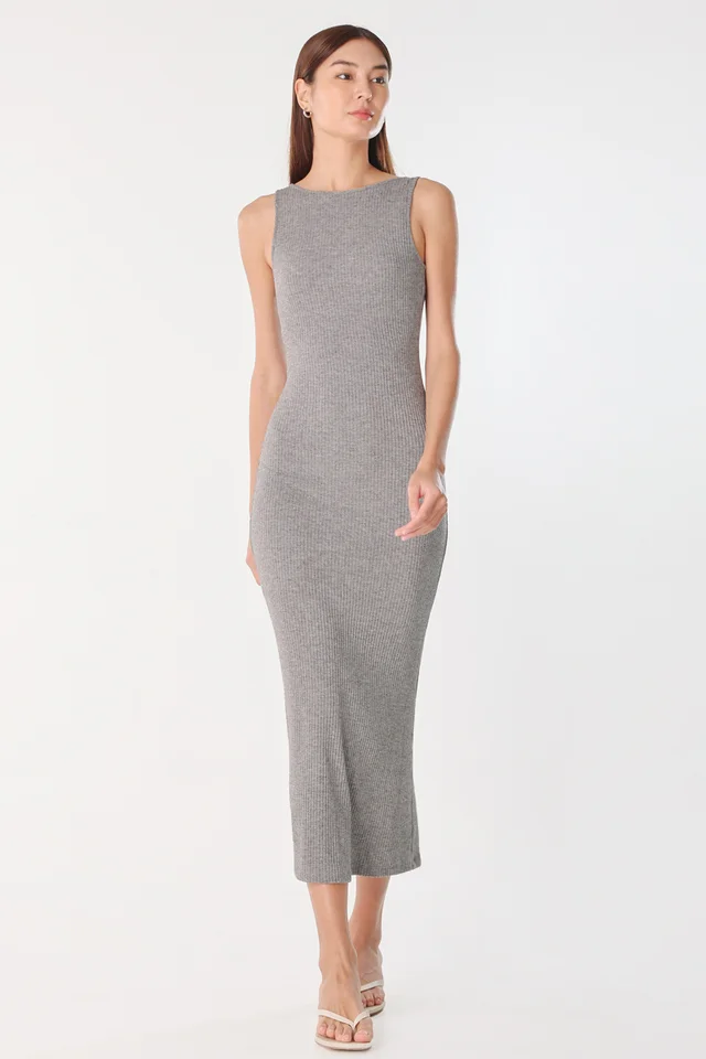 KESHA SCOOP BACK PADDED SLEEVELESS RIBBED MIDAXI DRESS (HEATHER GREY)