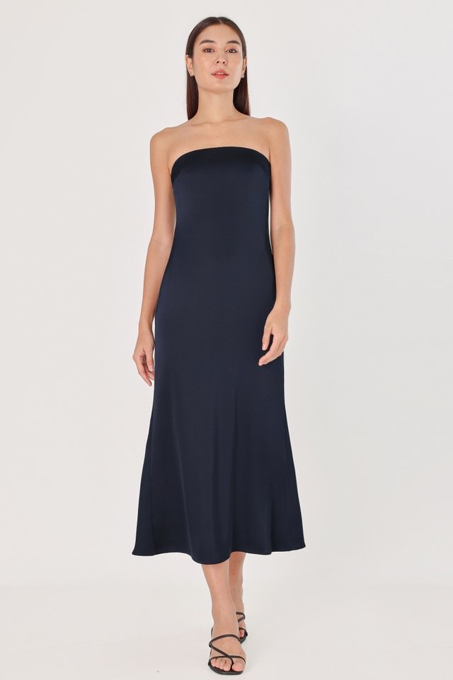 MABEL PADDED SATIN BACK SLIT TWO-WAY COLUMN MAXI DRESS (NAVY)