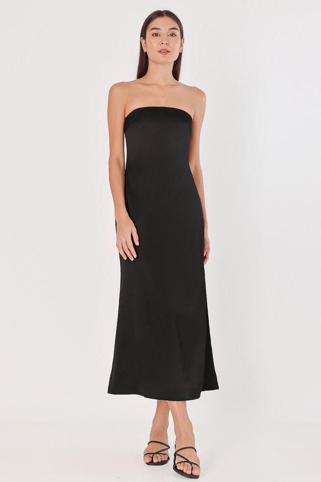 MABEL PADDED SATIN BACK SLIT TWO-WAY COLUMN MAXI DRESS (BLACK)