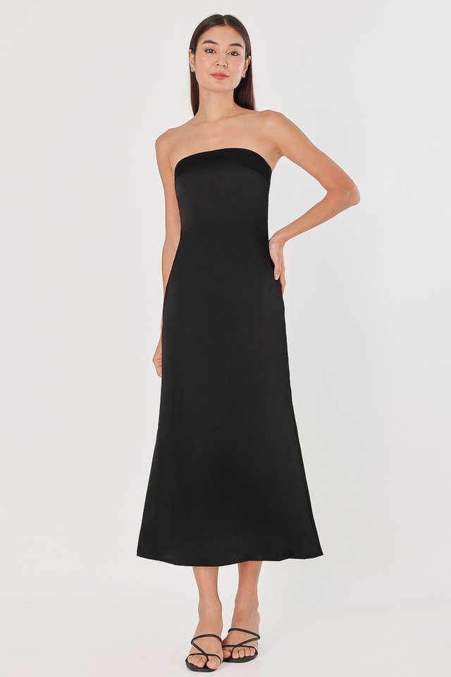 MABEL PADDED SATIN BACK SLIT TWO-WAY COLUMN MAXI DRESS (BLACK)