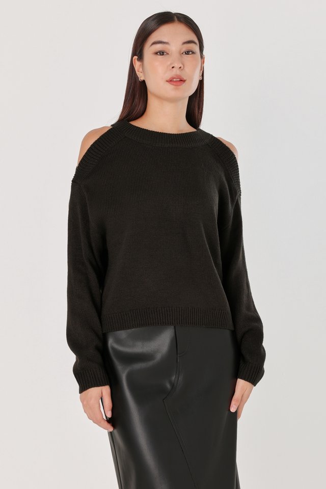 DONNA COLD SHOULDER PULLOVER KNIT TOP (CHARCOAL BROWN)