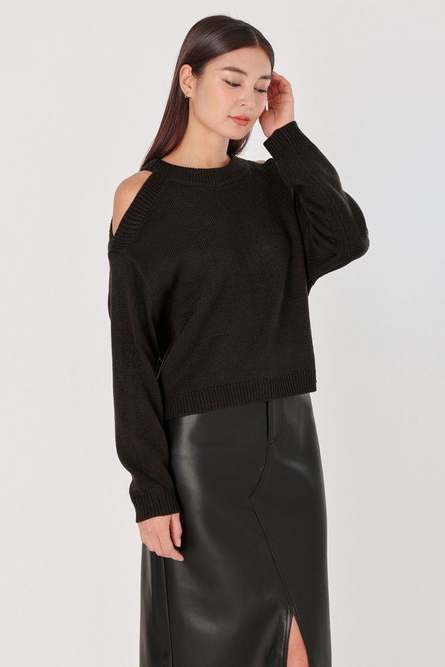 DONNA COLD SHOULDER PULLOVER KNIT TOP (CHARCOAL BROWN)