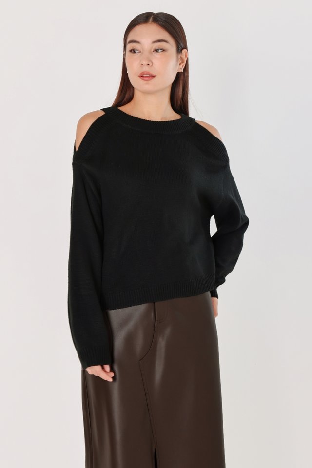 DONNA COLD SHOULDER PULLOVER KNIT TOP (BLACK)