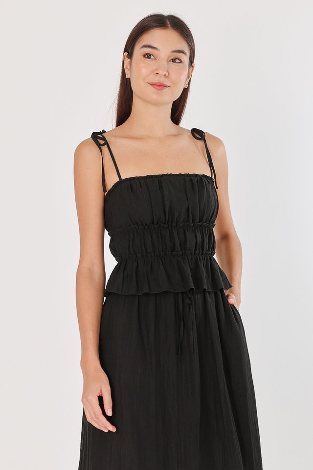 EVERLYN PADDED TEXTURED RUCHED RIBBON-TIE TOP (BLACK)