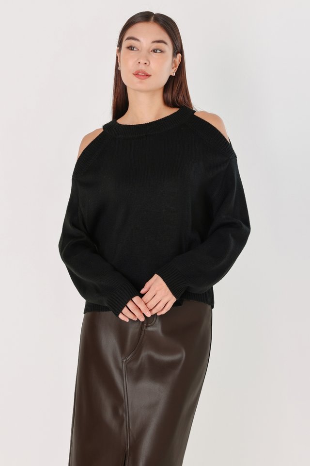 DONNA COLD SHOULDER PULLOVER KNIT TOP (BLACK)