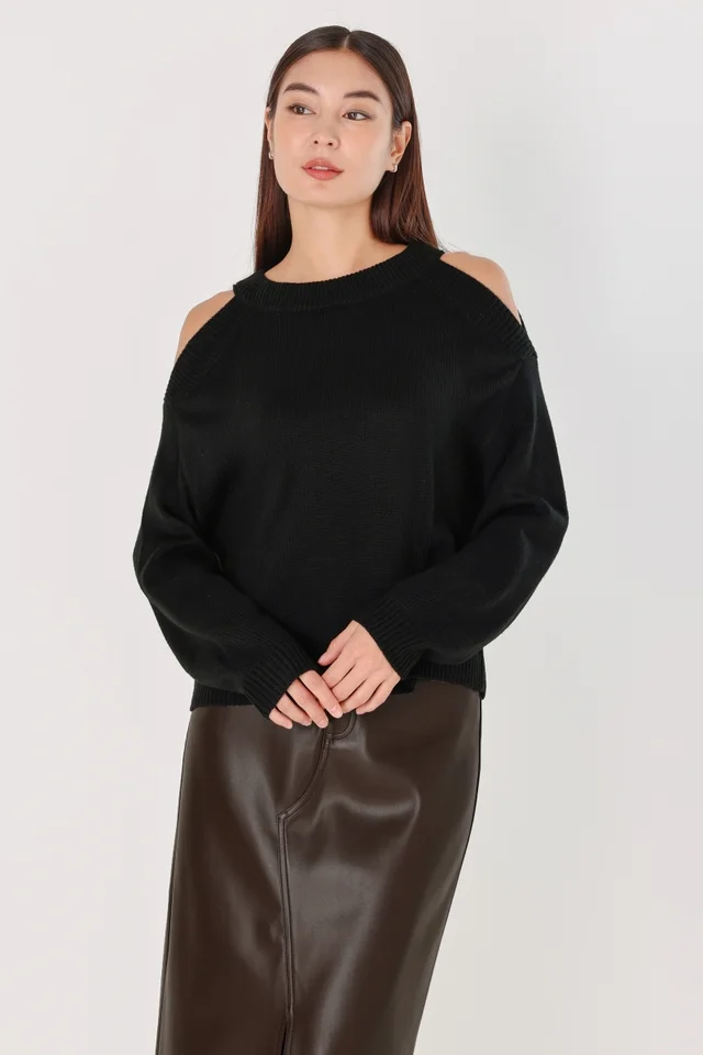 DONNA COLD SHOULDER PULLOVER KNIT TOP (BLACK)