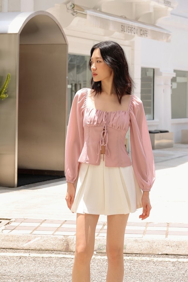 TASMINE PADDED CHIFFON RIBBON-TIE LONG SLEEVE TOP (DUST PINK)