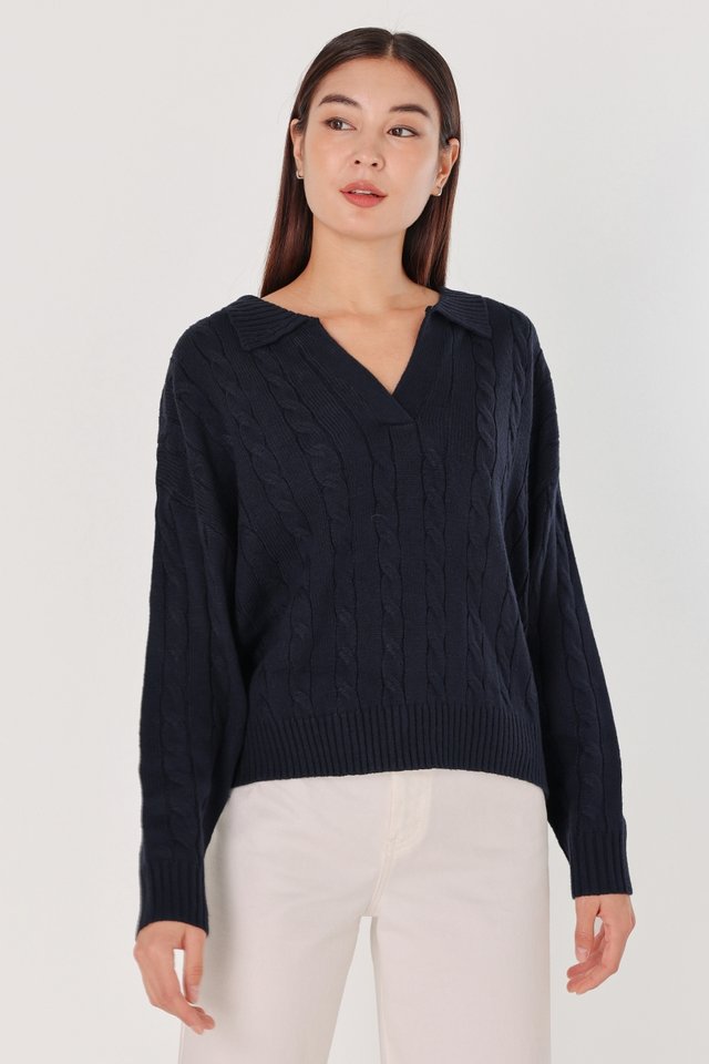 REESE COLLARED CABLE KNIT SWEATER (NAVY)